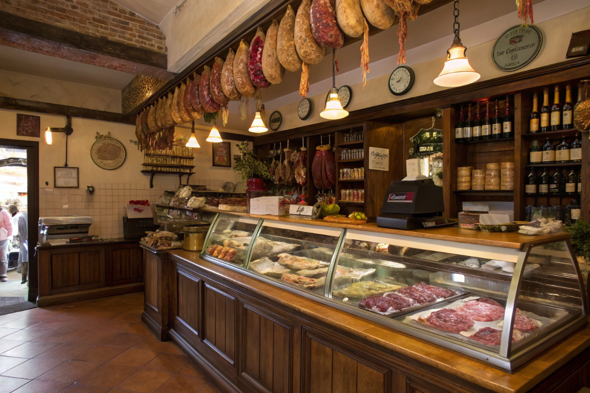 Interno di un'antica salumeria tradizionale con prodotti esposti