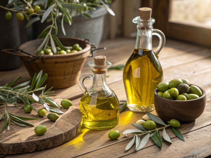 Olio extravergine d'oliva calabrese in bottiglia con olive fresche